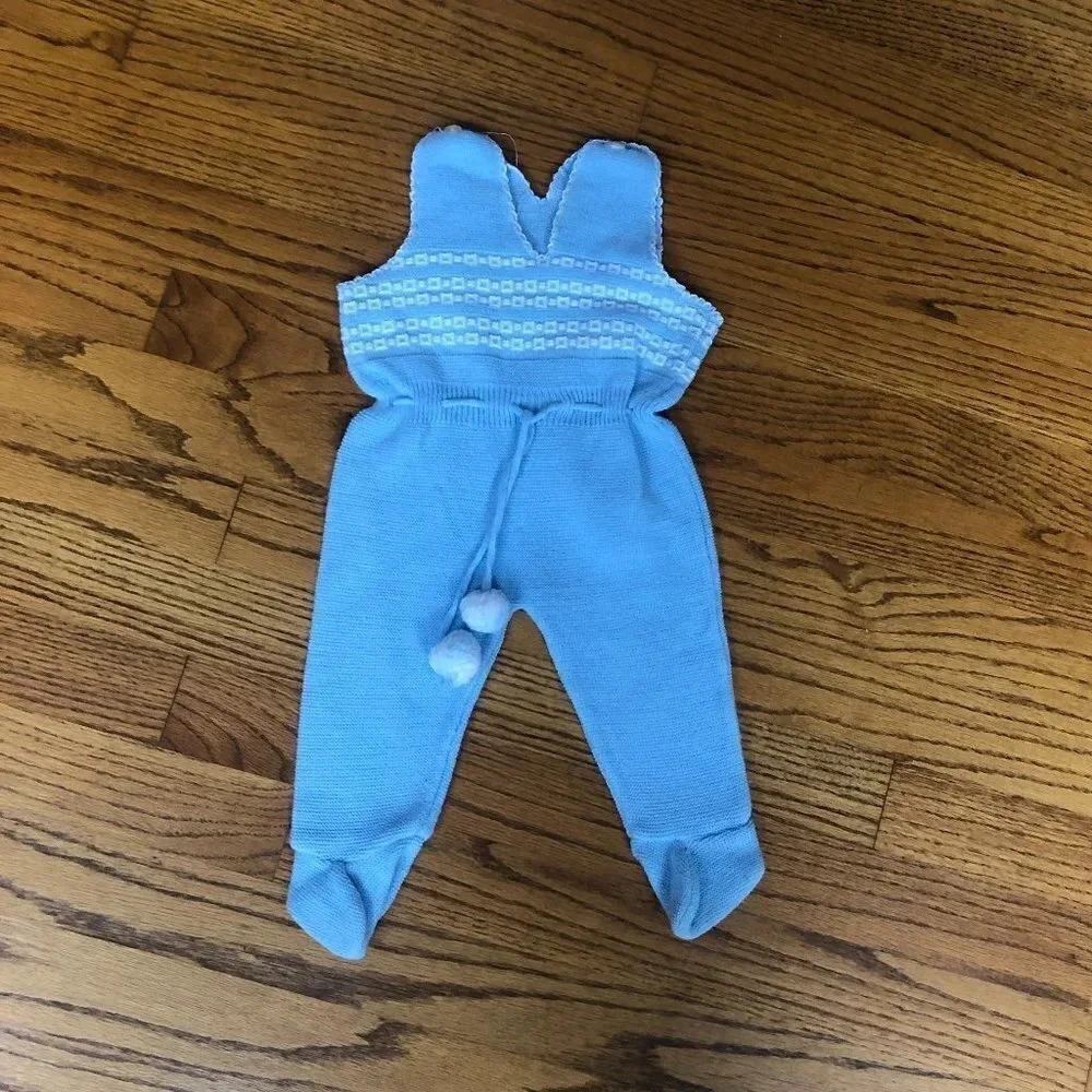 Vintage Baby Boy Blue Knit Footed One Piece Outfit